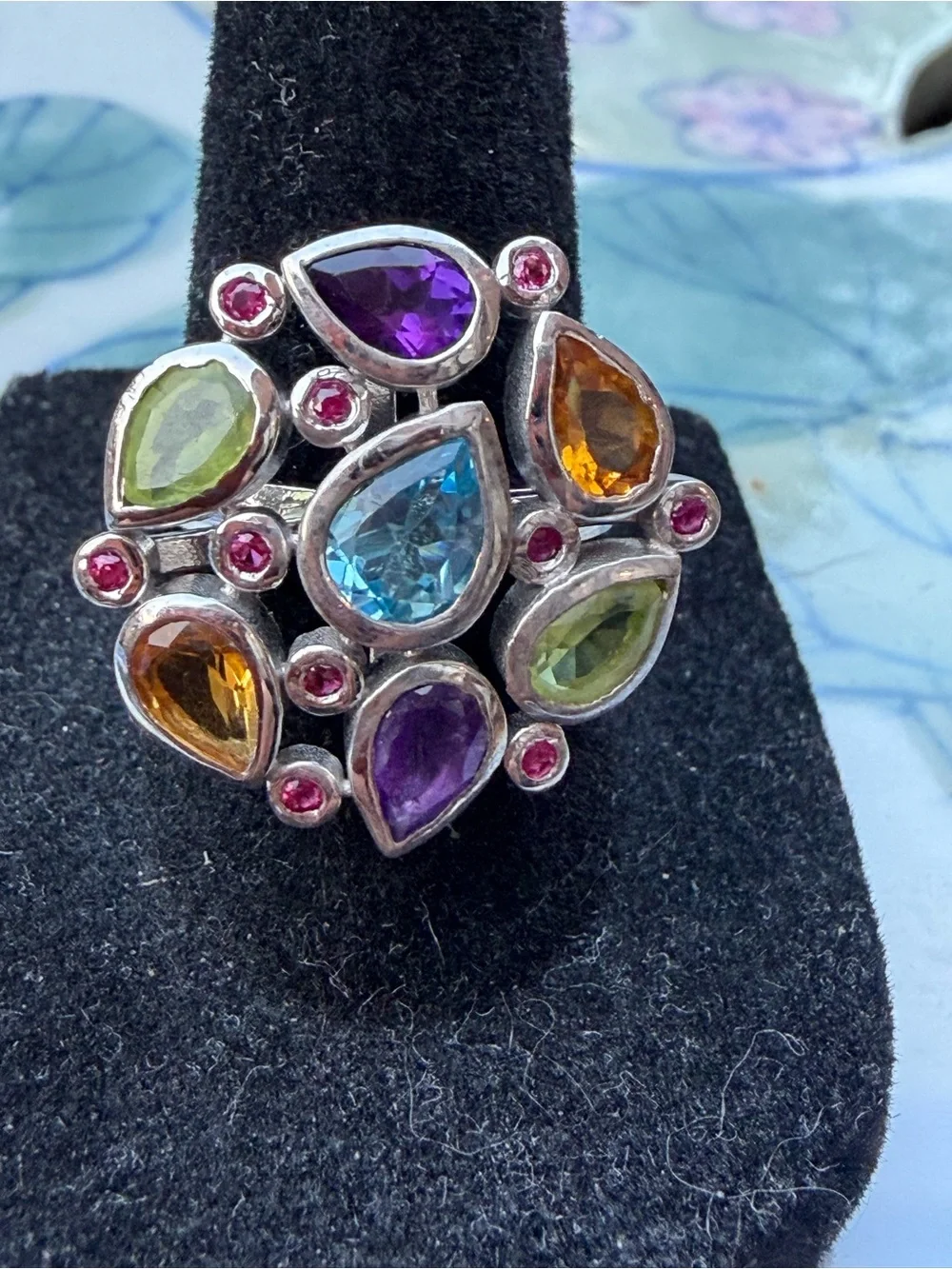 Vamijewells Natural Multi-Gemstone 925 Sterling Silver Statement Ring